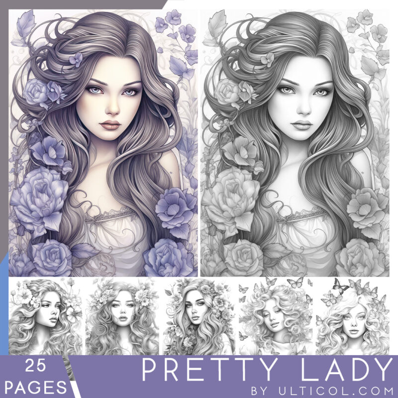 Pretty Lady Beautiful Women, Hair, Flowers Coloring Page Book, Adults ...