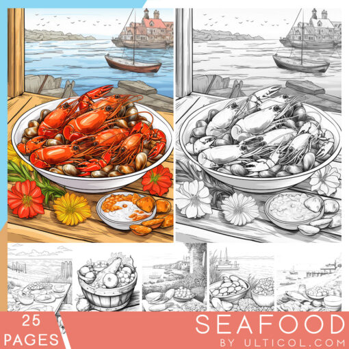 Seafood Feast Grayscale Coloring Pages