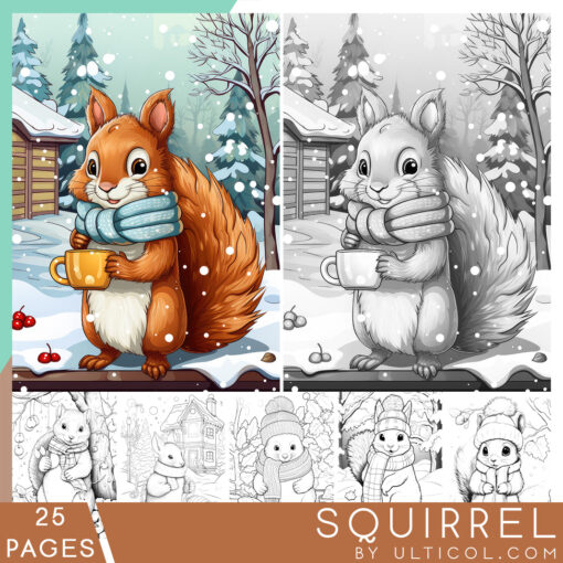 Cute Squirrel Grayscale Coloring Pages