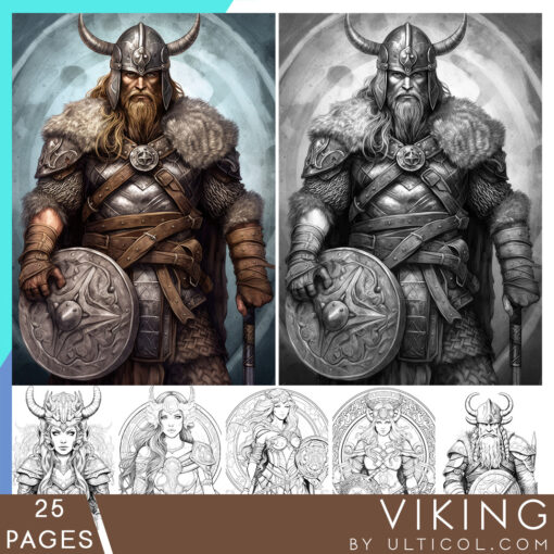 Viking Coloring Page Book, Adults + Kids - Instant Download Grayscale Coloring Page