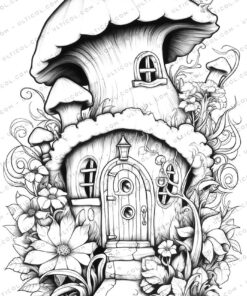 Enchanted Fairy Houses Grayscale Coloring Pages