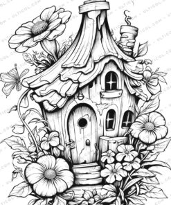 Enchanted Fairy Houses Grayscale Coloring Pages