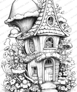 Enchanted Fairy Houses Grayscale Coloring Pages