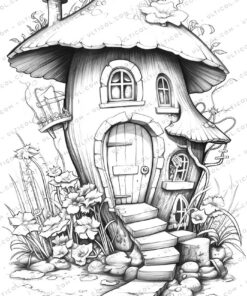 Enchanted Fairy Houses Grayscale Coloring Pages