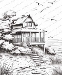 Beach House Nature Grayscale Coloring Pages