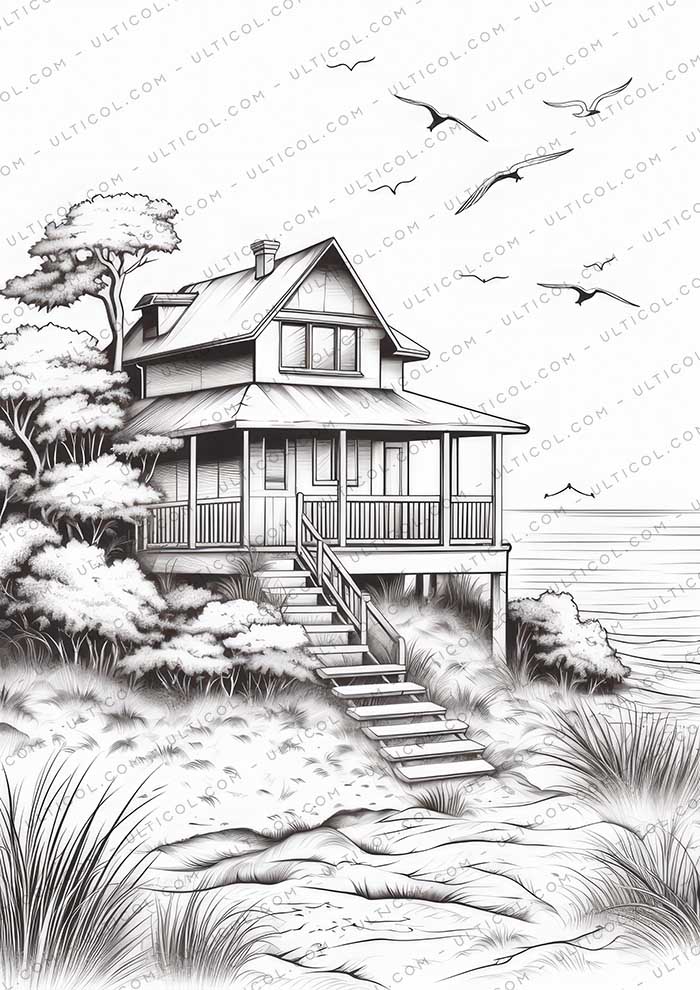 Beach House Nature Grayscale Coloring Pages