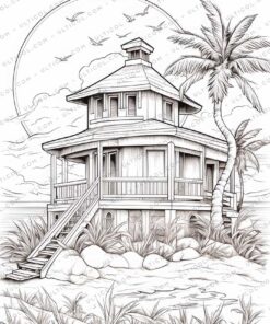 Beach House Nature Grayscale Coloring Pages