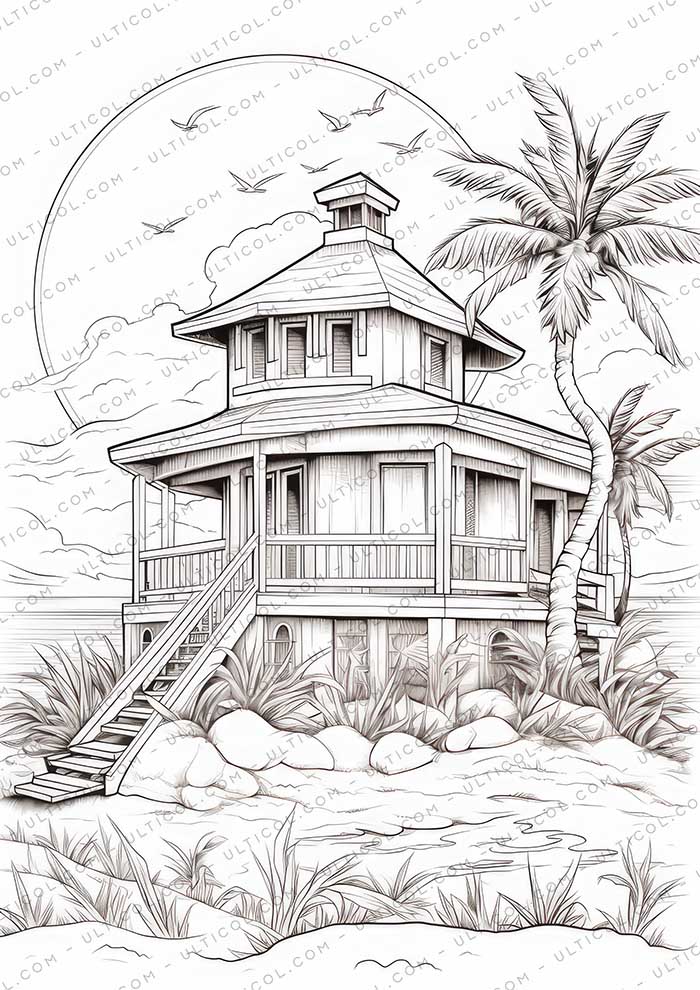 Beach House Nature Grayscale Coloring Pages