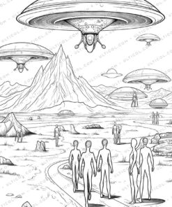 25 Alien Encounters Grayscale Coloring Pages