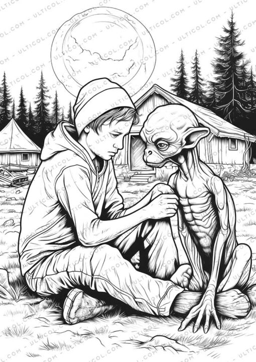 25 Alien Encounters Grayscale Coloring Pages