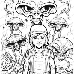 25 Aliens on Earth Grayscale Coloring Pages