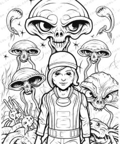 25 Aliens on Earth Grayscale Coloring Pages