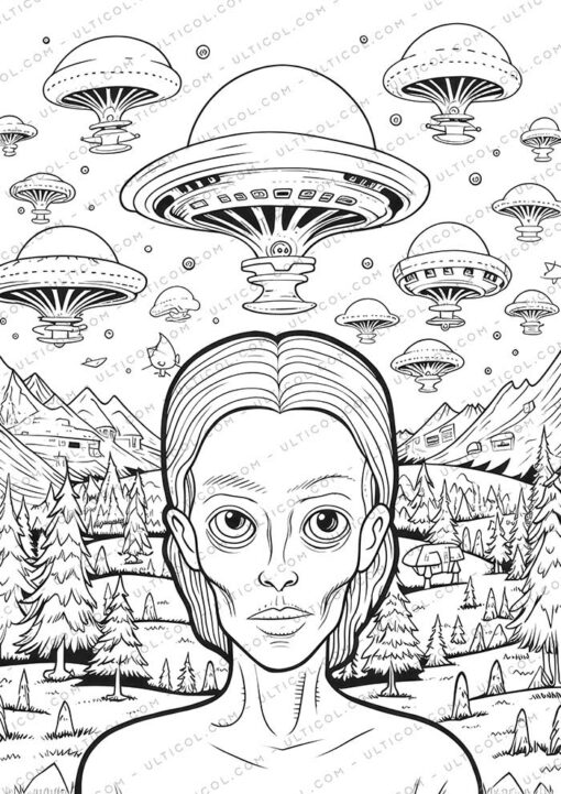 25 Alien Friends Grayscale Coloring Pages