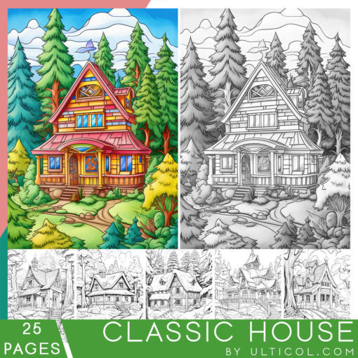 Classic House Grayscale Coloring Pages