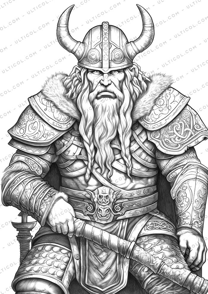 Viking Coloring Page Book, Adults + Kids - Instant Download Grayscale Coloring Page