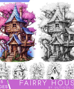 Flowering Fairy House Grayscale Coloring Pages