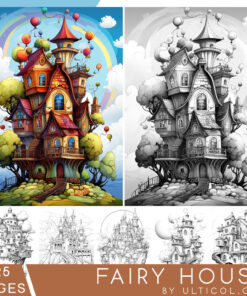 Enchanted Fairy Houses Grayscale Coloring Pages