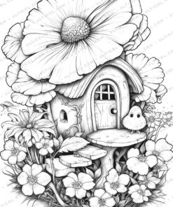 Flowering Fairy House Grayscale Coloring Pages