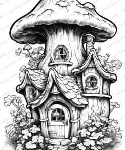 Flowering Fairy House Grayscale Coloring Pages