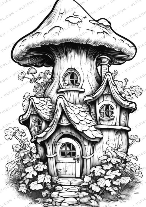 Flowering Fairy House Grayscale Coloring Pages