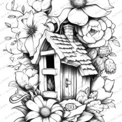 Flowering Fairy House Grayscale Coloring Pages