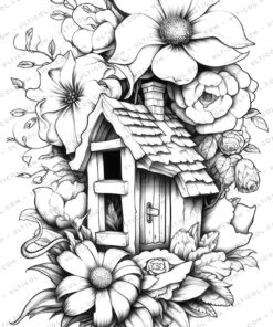 Flowering Fairy House Grayscale Coloring Pages