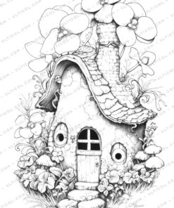 Flowering Fairy House Grayscale Coloring Pages
