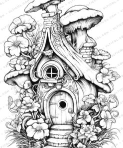 Flowering Fairy House Grayscale Coloring Pages