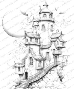 Enchanted Fairy Houses Grayscale Coloring Pages