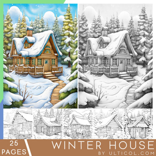 Winter House Grayscale Coloring Pages